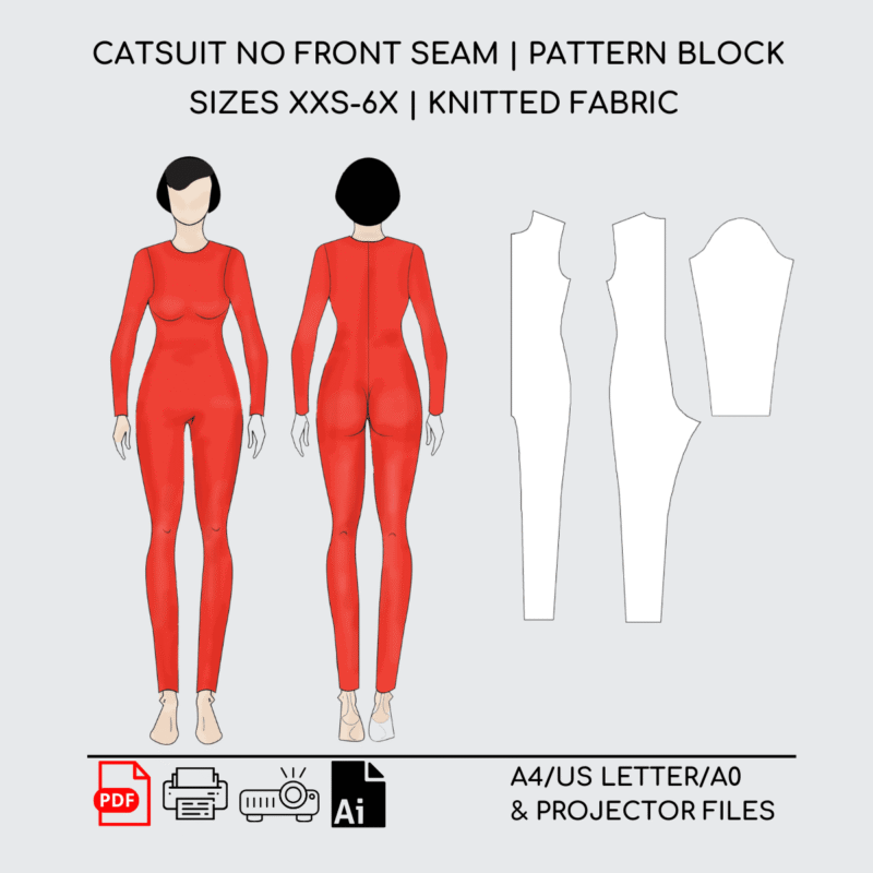 Catsuit Seamless Front Sewing Pattern Block | Knitted | XXS-6XL