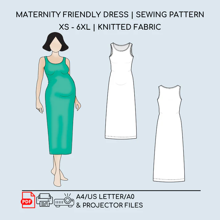 PDF Maternity Knit Dress Sewing Pattern | XS-6XL | Midi Sleeveless Fit