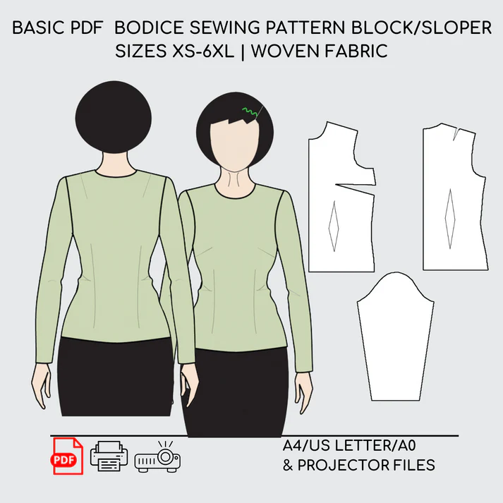 Women’s Bodice Sewing Pattern | XS-6XL | Woven Fabric | Chest & Waist Darts Block