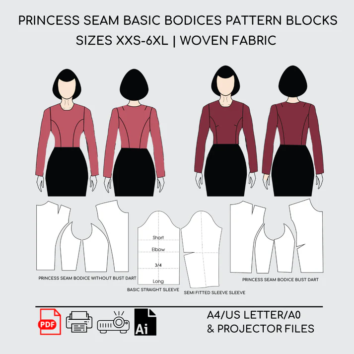 Princess Seam Bodice Bundle Sewing Pattern Block | XXS-6XL