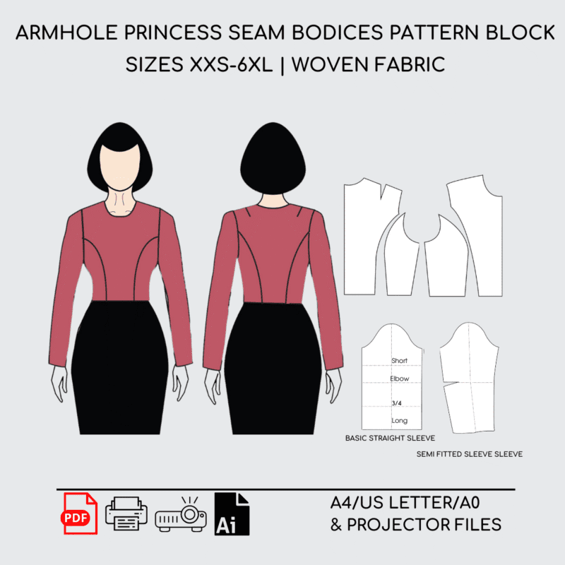 Armhole Princess Seam Bodice | Sewing Pattern Block | XXS-6XL