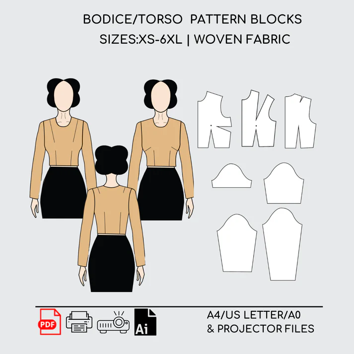 Women's Basic Bodice / Torso Pattern Block XS-6XL