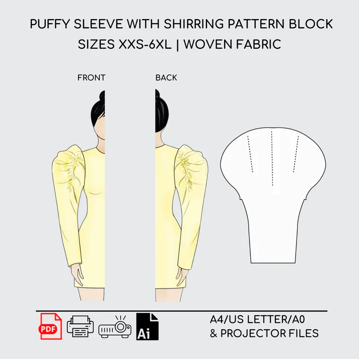 Puffy Sleeve Pattern Block with Shirring | XXS-6XL Sizes