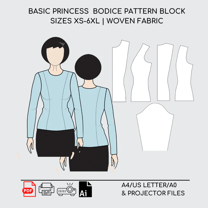 Princess Seam Torso & Sleeve Block Pattern | XS-6XL
