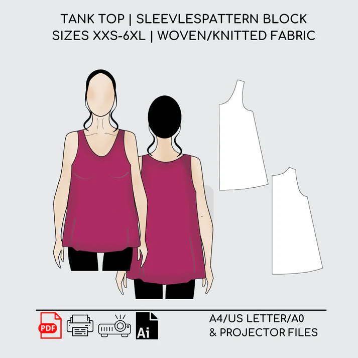 Versatile Tank Top Sewing Pattern Block - Sleeveless, Woven, XXS-6XL Fit