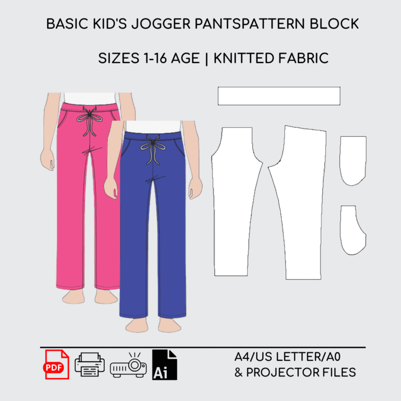Children Jogger Pants Sewing Pattern Block | Knitted | Age 6-16